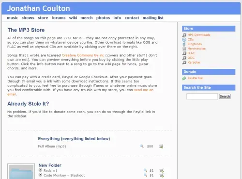 Jonathan Coulton website screenshot