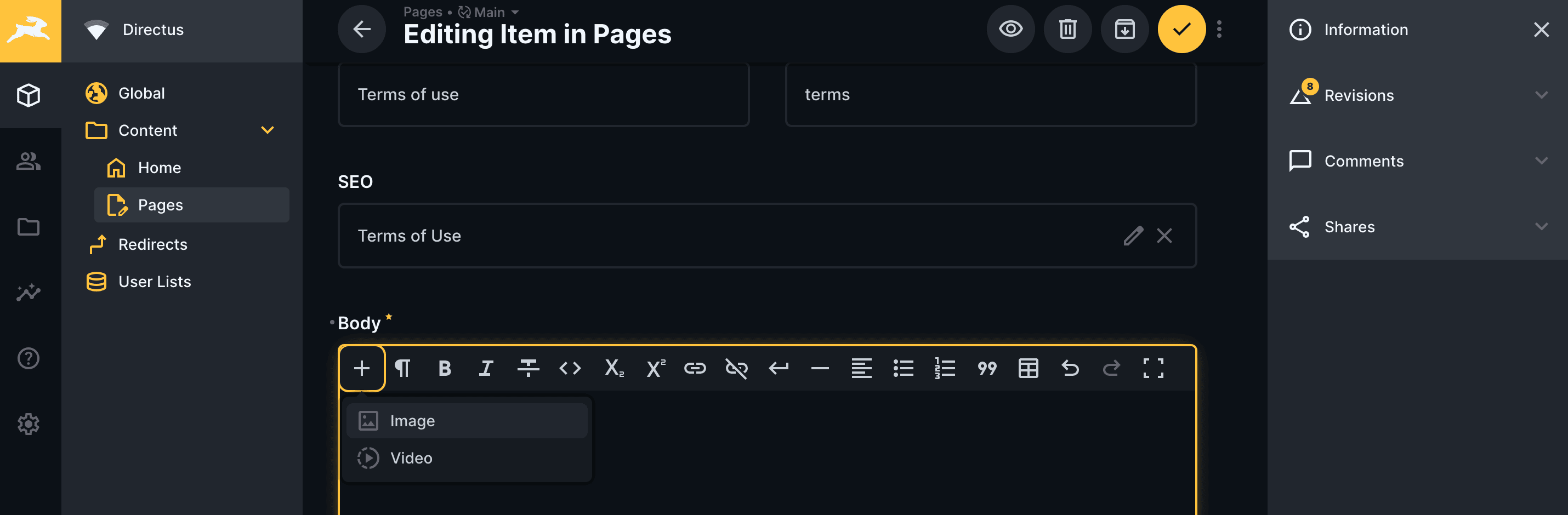Directus editor showcasing the ability to add custom components